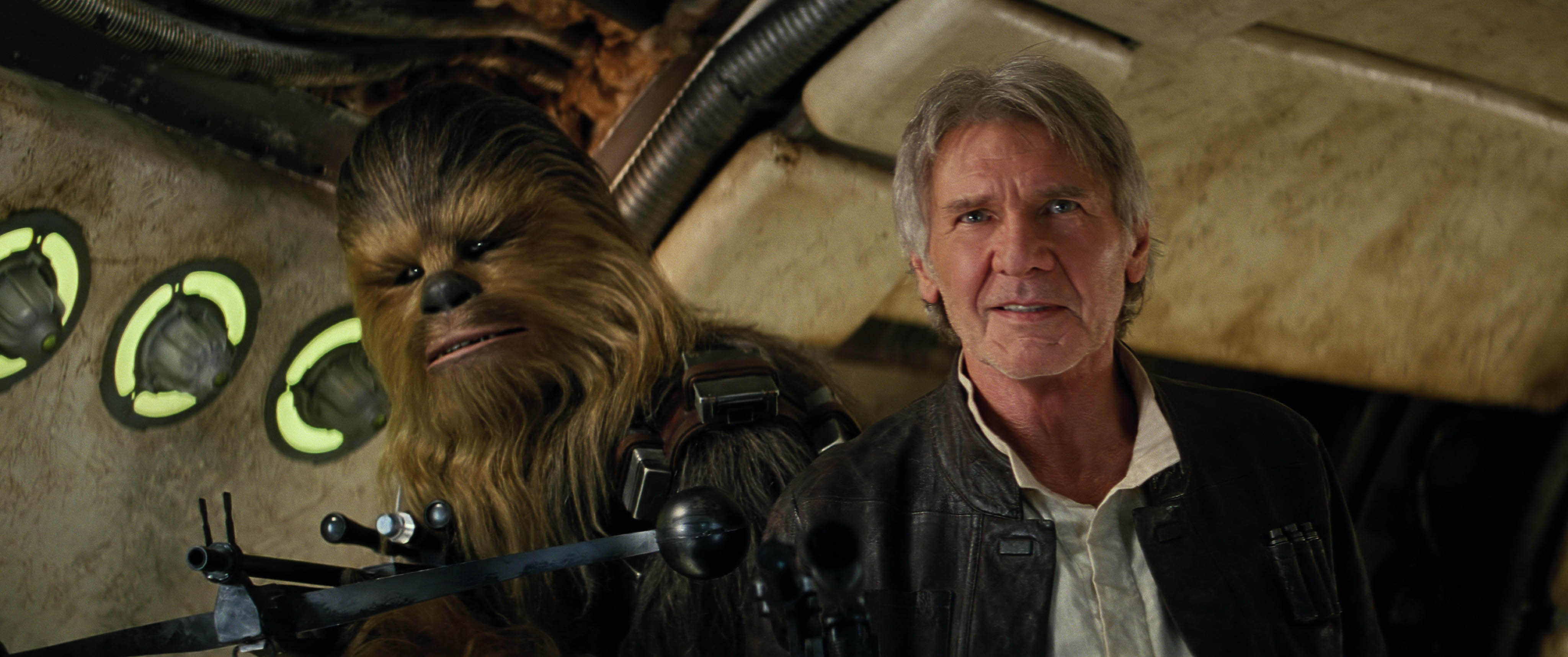 Star Wars: The Force Awakens L to R: Chewbacca (Peter Mayhew) and Han Solo (Harrison Ford) Ph: Film Frame ©Lucasfilm 2015